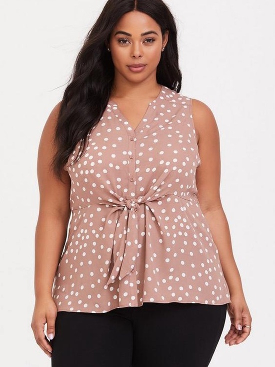 torrid Tops - Torrid Peplum Georgette Button-Front Tie-Front Blouse Brown and Cream Size 1X